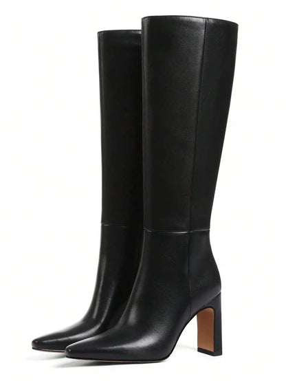 Knee High Boots Flock Zip Square Toe Chunky High Heel Ohberri
