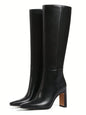 Knee High Boots Flock Zip Square Toe Chunky High Heel Ohberri