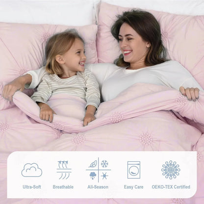 Full/Queen Baby Pink Rose Blush Comforter Set - Ruched 3D Floral Pintuck Bedding Set - 3 Pieces Bed Linen, 1 Comforter - Ohberri