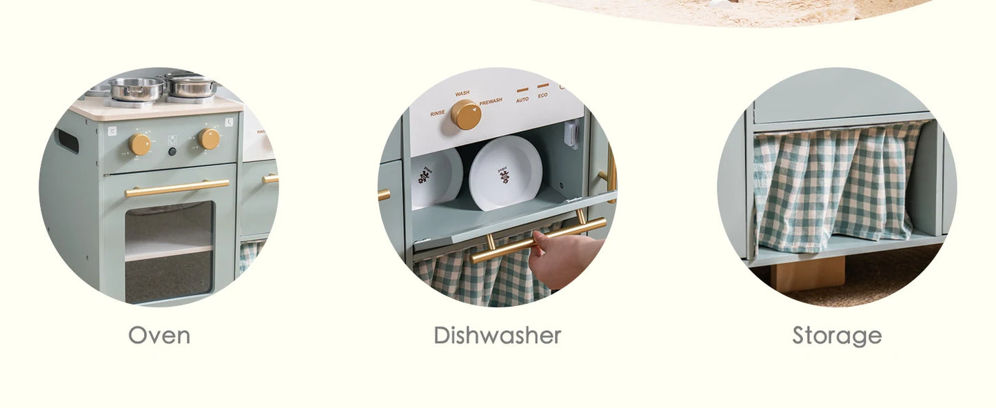 Play Kitchen 10 in 1 Wooden Toy With Appliances & Utensils - Ohberri