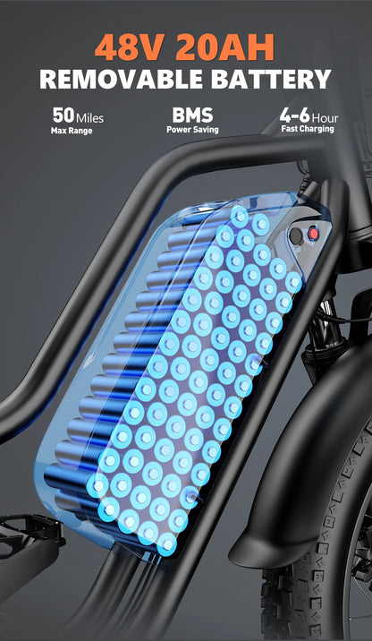 Electric Bike 20'' 1500W Up to 50 Miles 32MPH with 48V 20AH - Ohberri