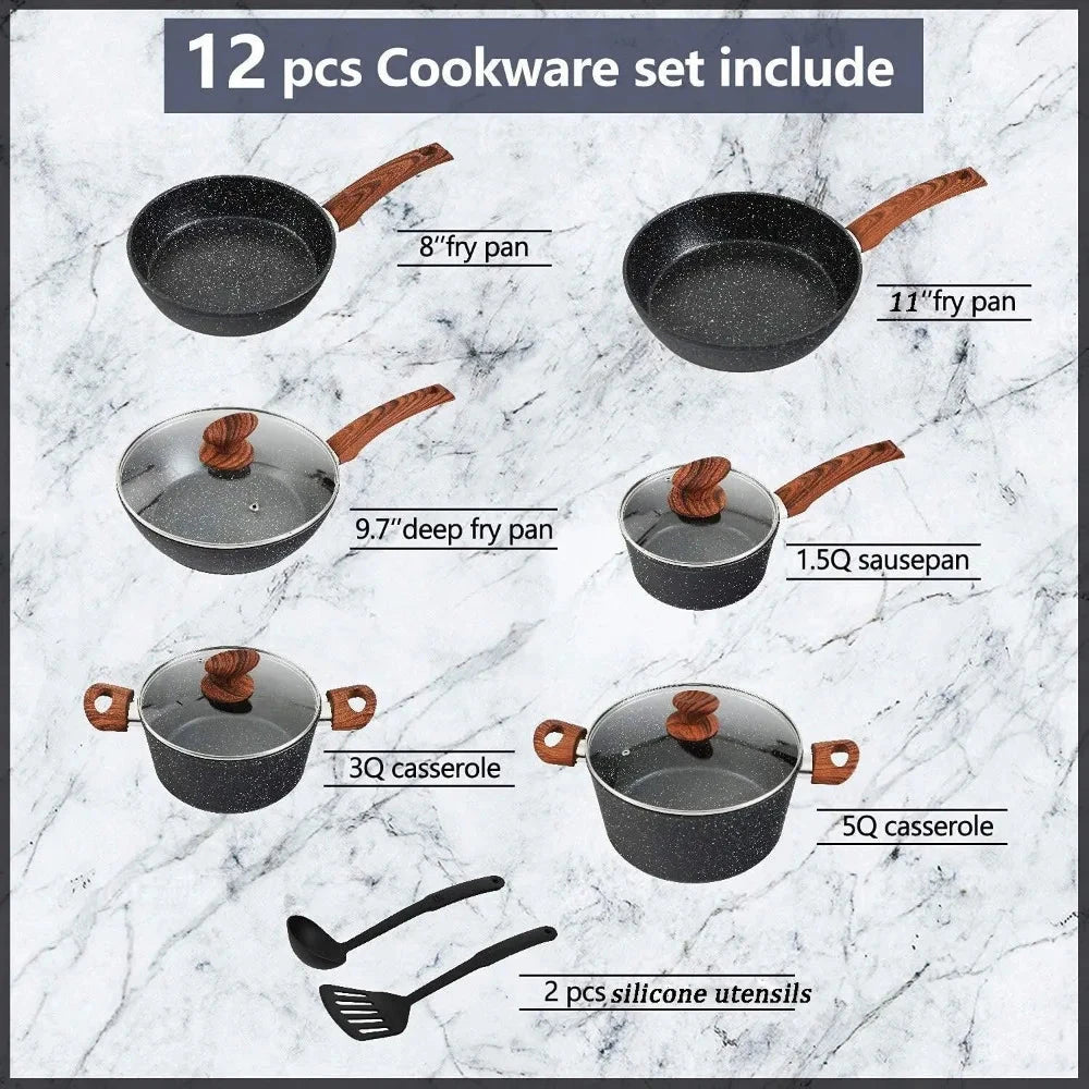 12 Pieces Kitchen Pots & Pans Set Nonstick Cookware Set Granite Coated w/ Lid Ohberri