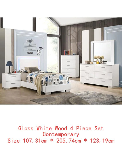 White High Gloss 4-Piece Twin Bedroom Set with Contemporary Design and Durable Finish - Ohberri