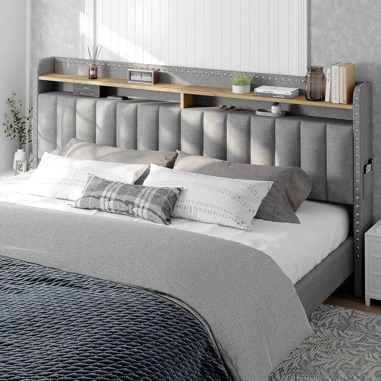 King Size Bed Frame with Storage and Headboard Upholstered King Bed Frame - Ohberri