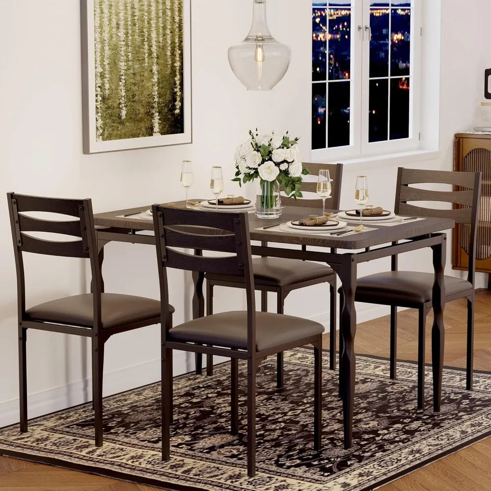 5 Piece Dining Table Set, Industrial Style Dining Table and Chairs Set for 4 Ohberri