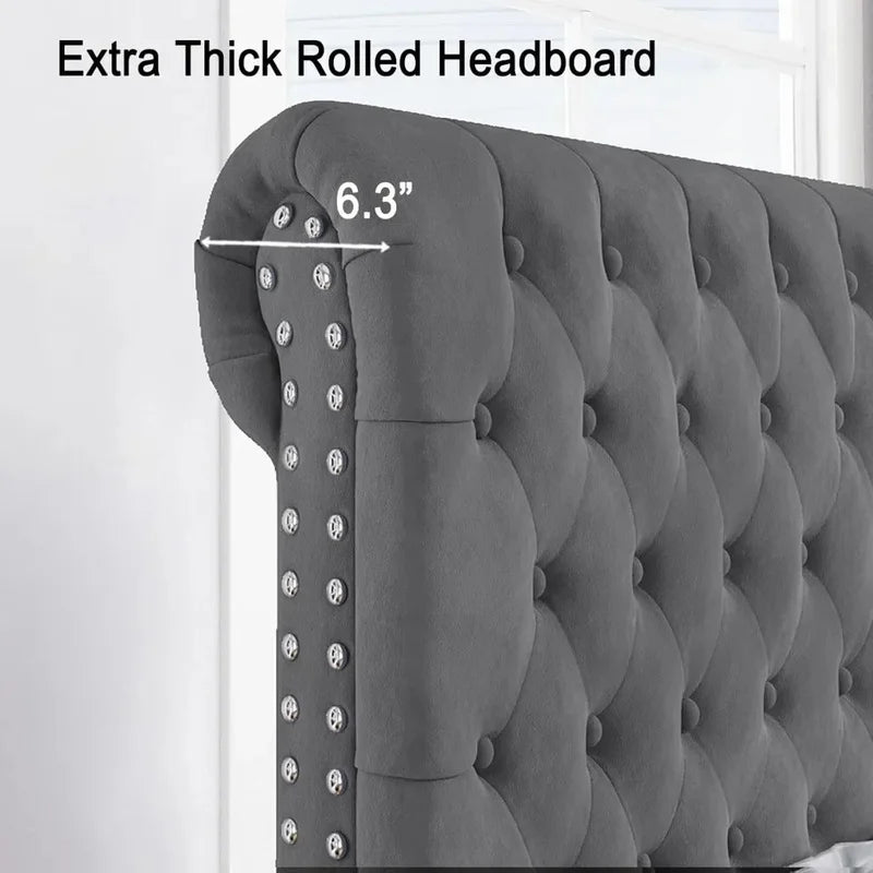 King Size Bed Frame with Velvet Tall Sleigh Headboard, 52.8" Button-Tufted Design, Elegant and Stylish - Ohberri
