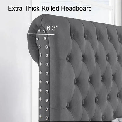 King Size Bed Frame with Velvet Tall Sleigh Headboard, 52.8" Button-Tufted Design, Elegant and Stylish - Ohberri