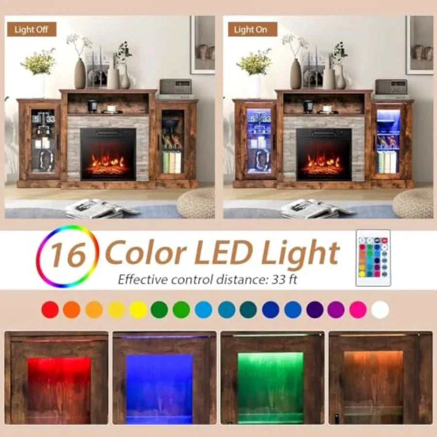 Electric Fireplace TV Stand for TVs Up to 65" TV Console with 16Color LED Light Adjustable Glass Shelves 19" Fireplace Ohberri