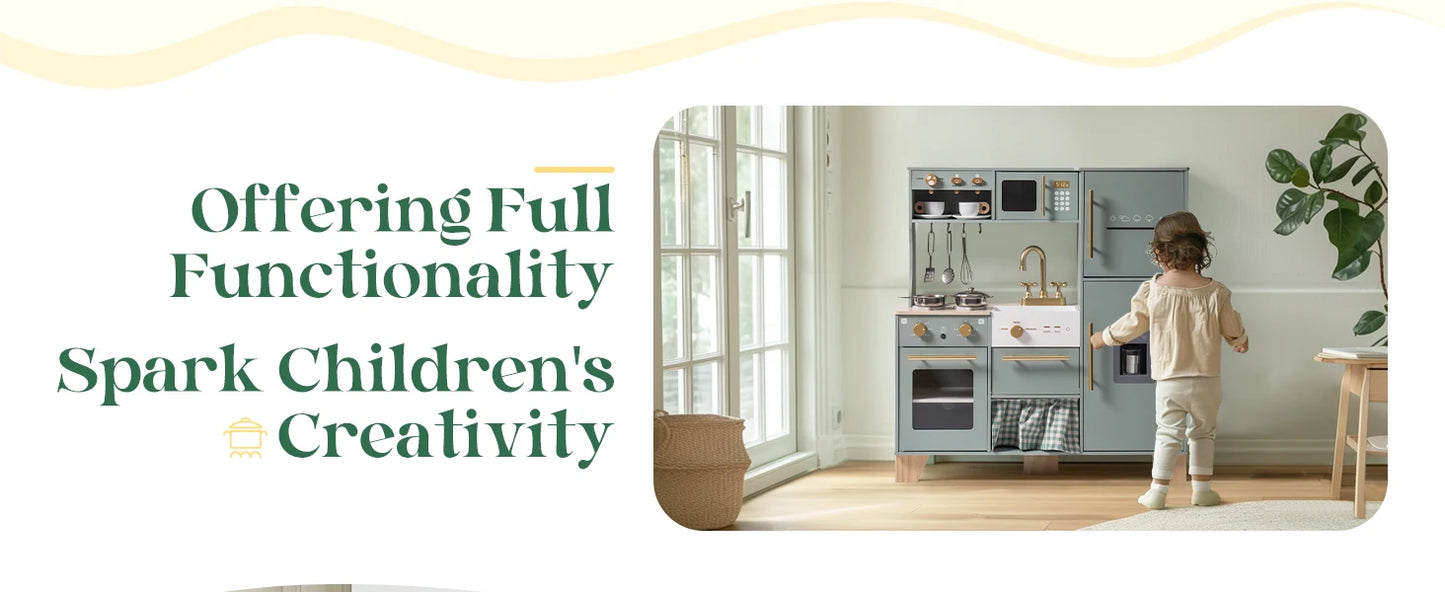 Play Kitchen 10 in 1 Wooden Toy With Appliances & Utensils - Ohberri