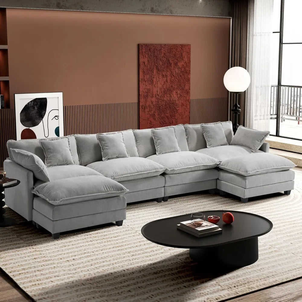 U-Shaped Modern Sofa Modular Sectional Cloud Couch with 2 Ottoman with 6 Pillows Ohberri