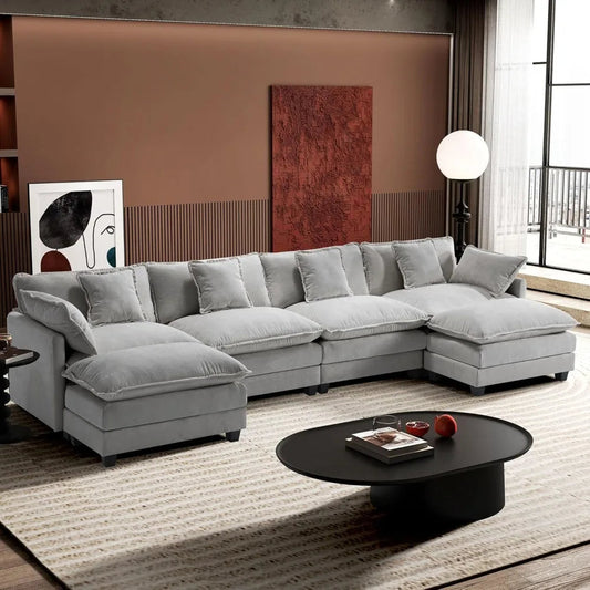 U-Shaped Modern Sofa Modular Sectional Cloud Couch with 2 Ottoman with 6 Pillows Ohberri