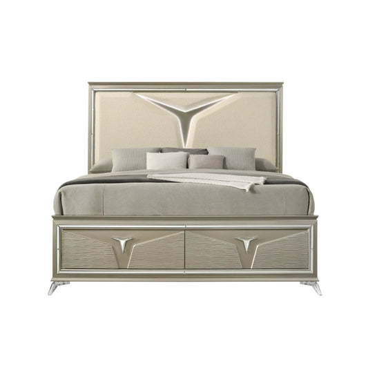 Modern Style Queen 4PC Bedroom Set Made with Wood & LED Headboard ，For bedroom,Main Color:Silver - Ohberri