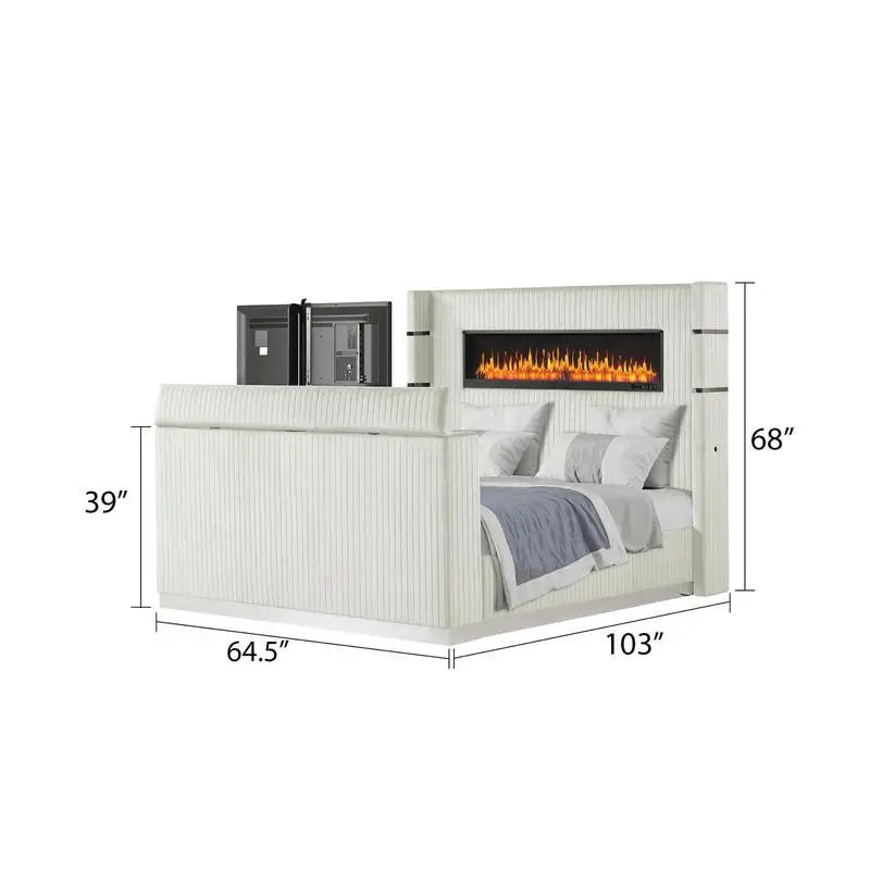 5 Pc Queen Bedroom Set with Fireplace Headboard & Footboard, Beige Wood Finish - Ohberri