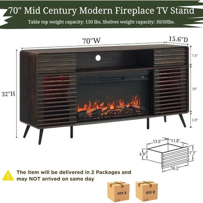 TV Stand for 80 Inch TV, Mid Century Modern with 36" Electric Fireplace & Led Lights Ohberri