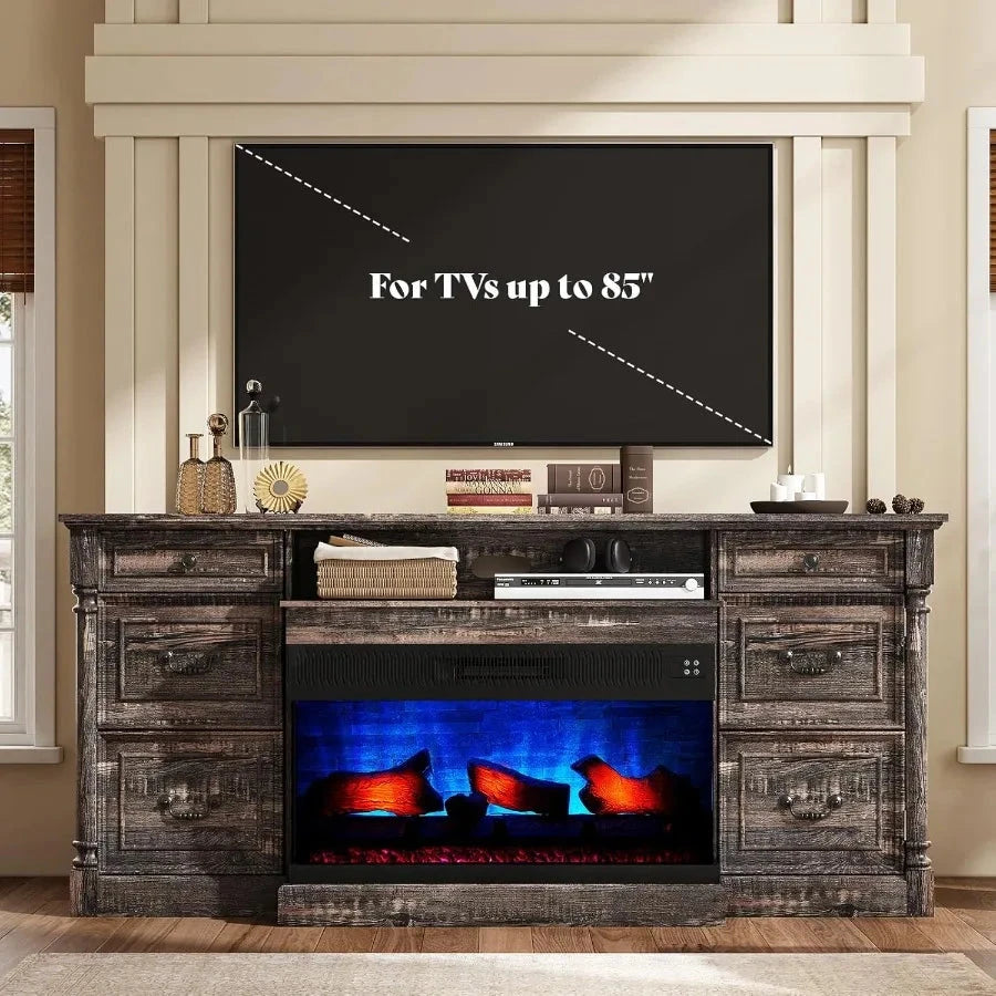 75 Fireplace TV Stand Large TV Stand with 36 Fireplace Farmhouse with Solid Wood 2 Drawers Cabin Ohberri