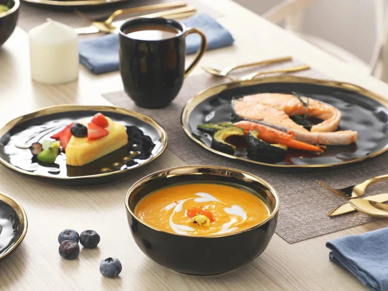 Black and Gold Dishes Sets, Stoneware Dinnerware Sets for 4, 16 Piece Plates and Bowls Sets Ohberri