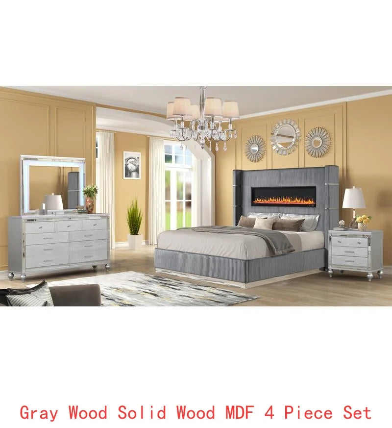 Modern Upholstery King 4-Piece Bedroom Set with Bed, Nightstand, Dresser, Mirror, and Fireplace in Blue Wood - Ohberri