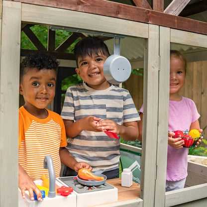 Wooden Playhouse with Doorbell 13 Accessories Serving Window Picket Fence Ohberri