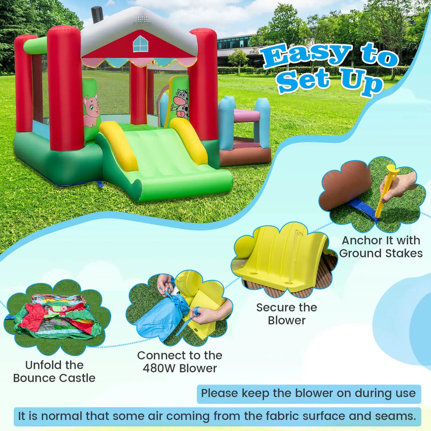 4-in-1 Farm Themed Inflatable Bounce House with Slide Ball Pit & Basketball Hoop - Ohberri