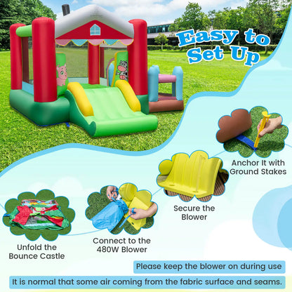 4-in-1 Farm Themed Inflatable Bounce House with Slide Ball Pit & Basketball Hoop - Ohberri