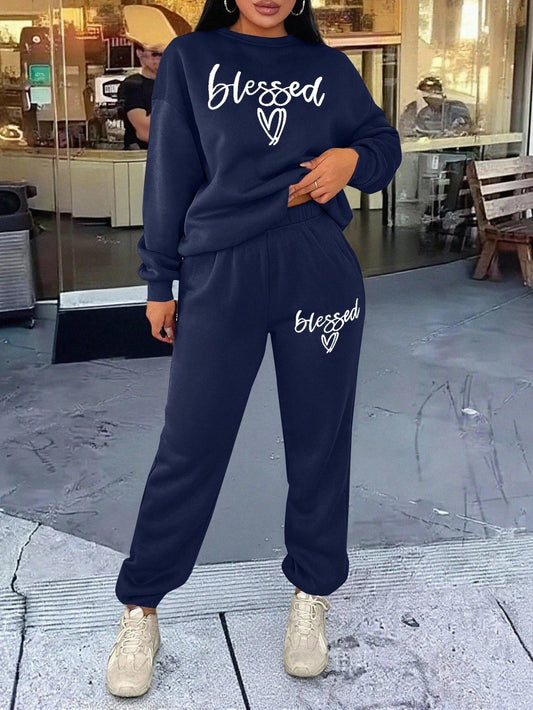 2pcs Letter Printed Crew Neck Long Sleeve Top And Pants Set Ohberri