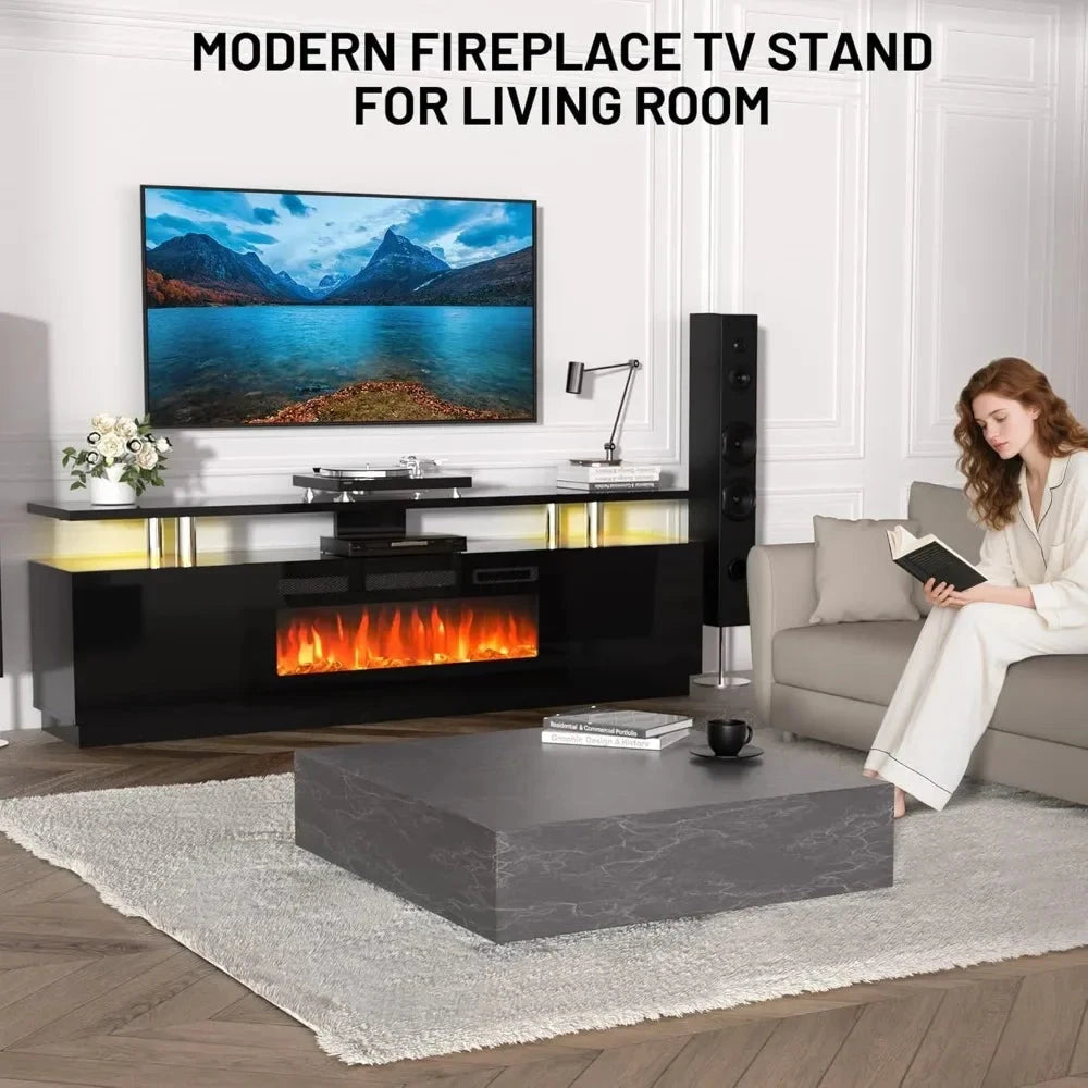 70'' TV Stand, Storage Cabinet & Electric Fireplace Heater with LED Light and 12 Flame Colors Ohberri
