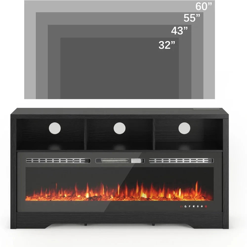 Fireplace TV Stand with 50" Glass Electric Fireplace with Power Outlets for Up to 65 inch TV Ohberri