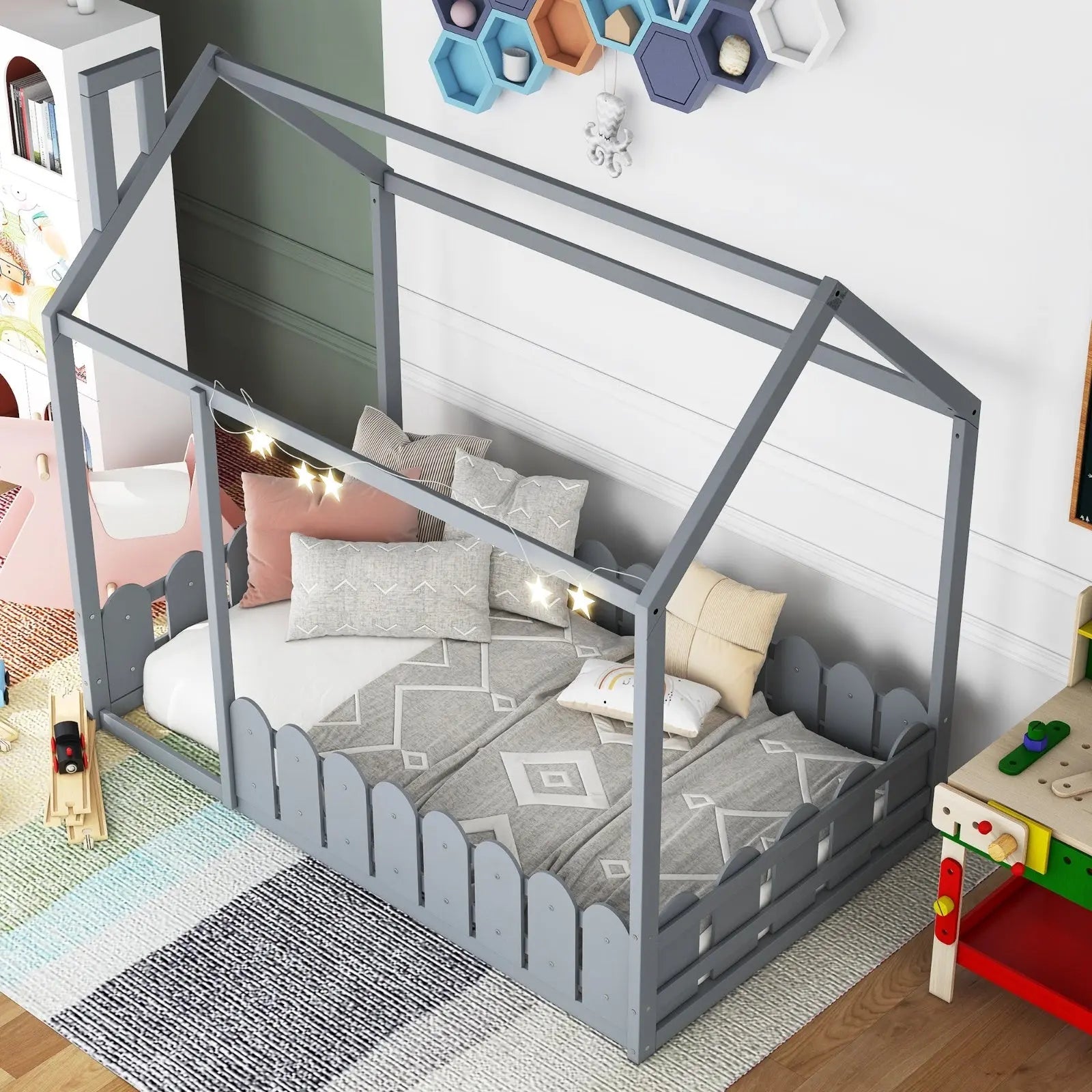 Twin Size Wood House Bed Frame With Fence For Kids, Teens - No Slats My Store