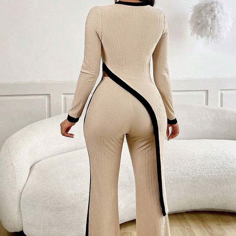 Women's 2 Piece Outfit Sexy Asymmetrical Hem Long Sleeve Top And Wide Leg Pants Sets Elegant Vacation Going Out Suit Inkedjoy