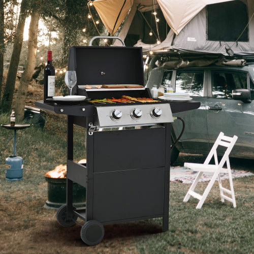 Propane Gas Grill 3 Burner Barbecue Grill, Stainless Steel With Two Shelves, Lid, Wheels And Bottle Opener Inkedjoy