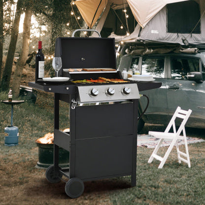 Propane Gas Grill 3 Burner Barbecue Grill, Stainless Steel With Two Shelves, Lid, Wheels And Bottle Opener Inkedjoy