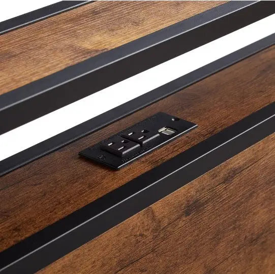 Twin Size Metal Platform Bed Frame With Wooden Headboard And Footboard With USB LINER My Store