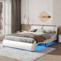 Queen Size Upholstered Faux Leather Platform Bed With LED Light Bed Frame With Slatted - White My Store