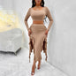 Women's Long Sleeve Round Neck Pleated Dress Suit - Solid Color Elegant Ruffle Outfit Inkedjoy