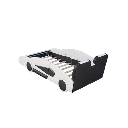Twin Size Race Car-Shaped Platform Bed With Wheels, White My Store