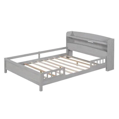Wood Full Size Platform Bed With Built-in LED Light, Storage Headboard And Guardrail, Antique Grey My Store