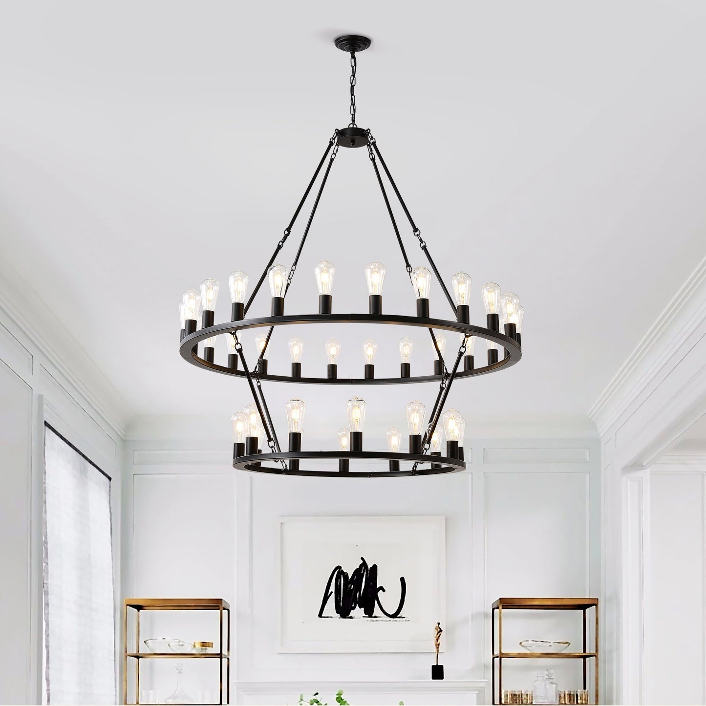 48 Inch Black Extra Large Wagon Wheel Chandelier, 2 Tier 36-Lights No Include Farmhouse Inkedjoy