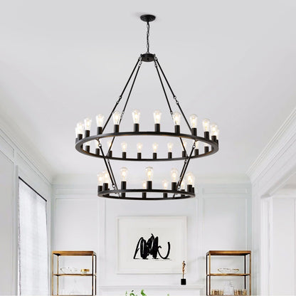 48 Inch Black Extra Large Wagon Wheel Chandelier, 2 Tier 36-Lights No Include Farmhouse Inkedjoy