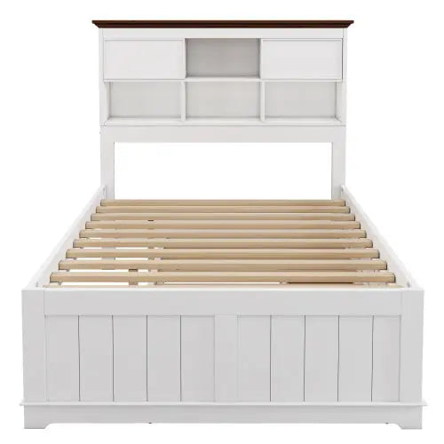 Solid Pine Captain Bookcase Bed With Trundle Bed And 3 Spacious Under Bed Drawers In Casual,Full, White Walnut My Store
