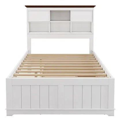 Solid Pine Captain Bookcase Bed With Trundle Bed And 3 Spacious Under Bed Drawers In Casual,Full, White Walnut My Store