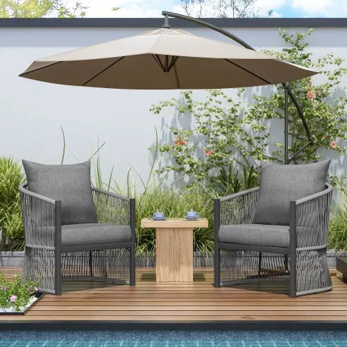 Set Of 2 Modern Gray Curved Aluminum Lounge Chair With Stylish Rope-Weave Design And Cushioned Comfort, Perfect For Outdoor Living My Store