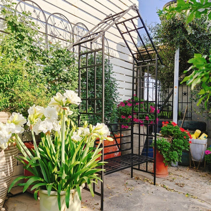 Metal Garden Arch, With Benches- Black Inkedjoy