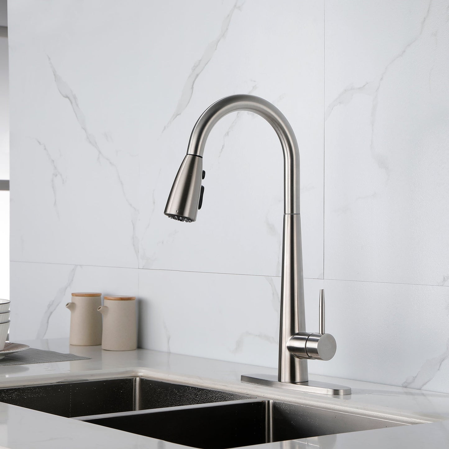 High Curvature Single Handle Kitchen Sink Faucet With Deck Modern- Stainless Steel My Store