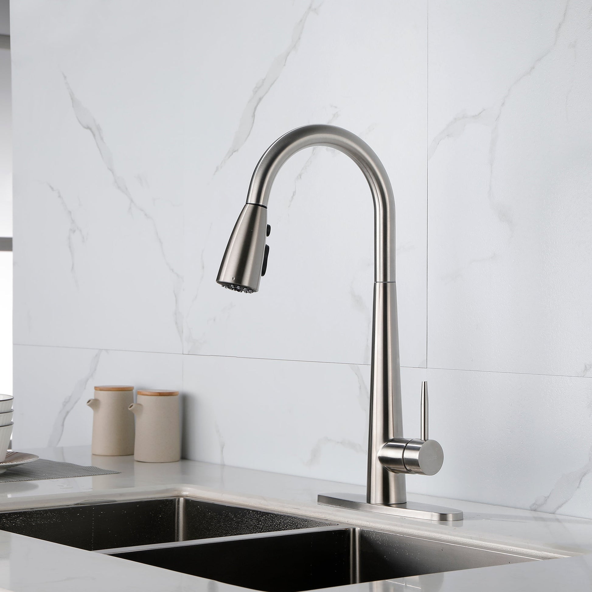 High Curvature Single Handle Kitchen Sink Faucet With Deck Modern- Stainless Steel My Store