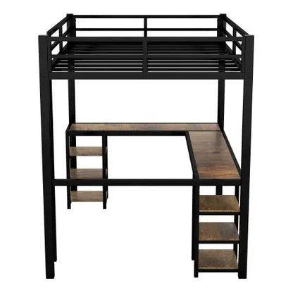 Full Metal Loft Bed With Desk And Shelves, Loft Bed With Ladder And Guardrails, Loft Bed Frame For Bedroom My Store