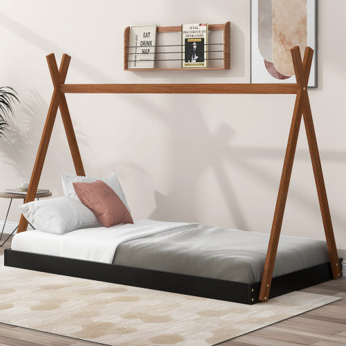 Twin Size Tent Floor Bed With Triangle Structure, Black Brown My Store