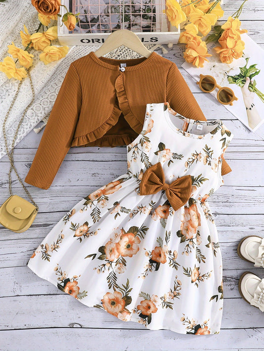 [Girl's Set] Sweet Bow Floral Sundress + Long-Sleeve Ruffle Cardigan Top 2-Piece Outfit, Casual Wear, Spring/ Fall Clothes, Outdoor Ohberri