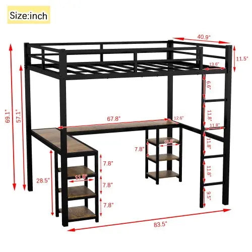 Twin XL Metal Loft Bed With Desk And Shelves, Loft Bed With Ladder And Guardrails-Black My Store