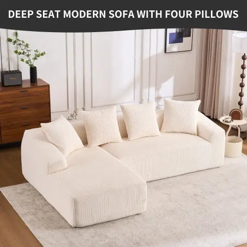 LY-023 WHITE COMPRESSION SOFA Combining Chaise Longue With 3-seater, Corduroy Fabric, Full Sponge Compression Sofa,combined Sofa With 4 Pillows For Living My Store