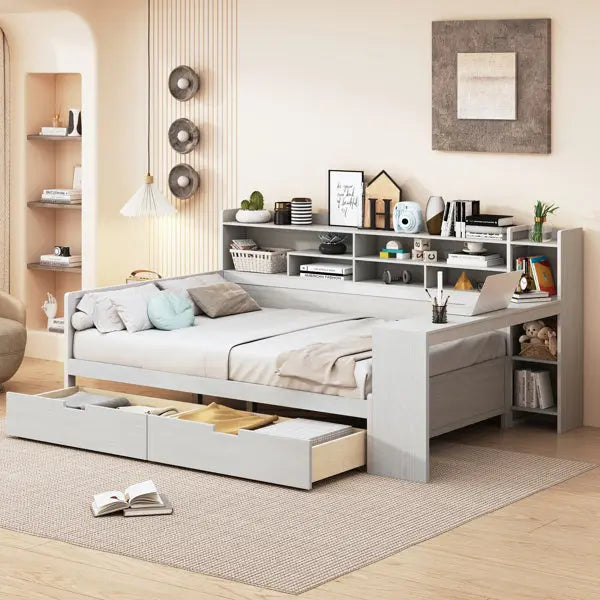 Wooden Full-size Sofa Bed With Storage Rack, Multifunctional Bed With Two Storage Drawers And Desk, Antique White My Store